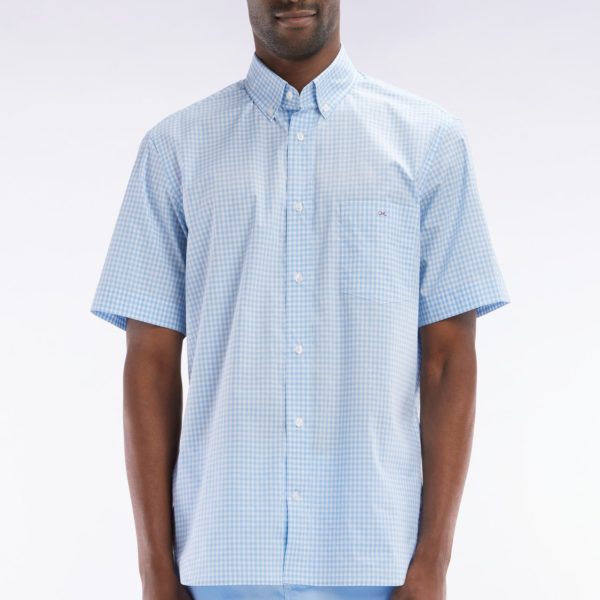 Chemise À Manches Courtes Vichy En Coton Ciel Coupe Droite Eden Park