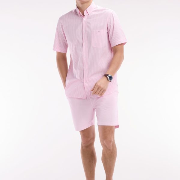 Chemise À Manches Courtes En Coton Rayé Rose Coupe Droite Eden Park