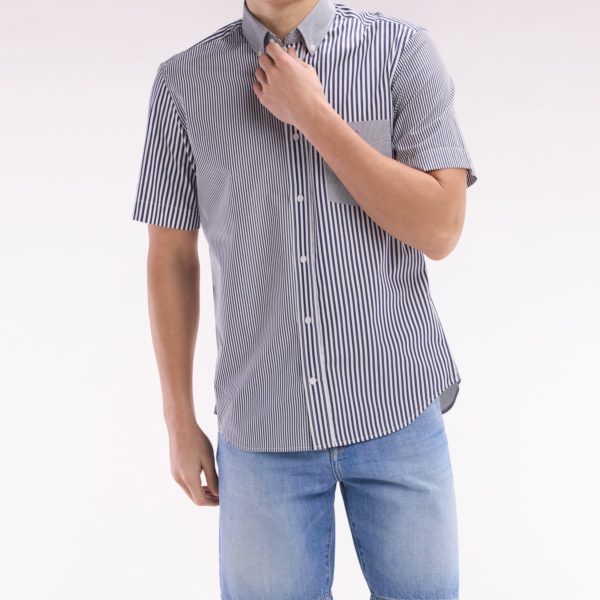 Chemise À Manches Courtes En Popeline De Coton Rayée Bleu Foncé Coupe Droite Eden Park