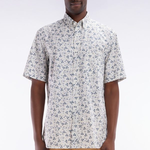 Chemise À Manches Courtes En Popeline De Coton Écrue Imprimé Floral Bleu Gris Coupe Droite Eden Park