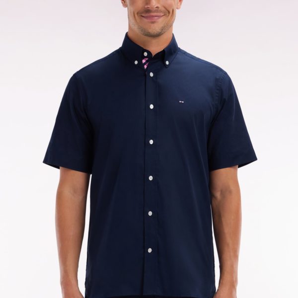 Chemise À Manches Courtes En Coton Marine Broderie Et Patte De Boutonnage Cerclées Coupe Droite Eden Park