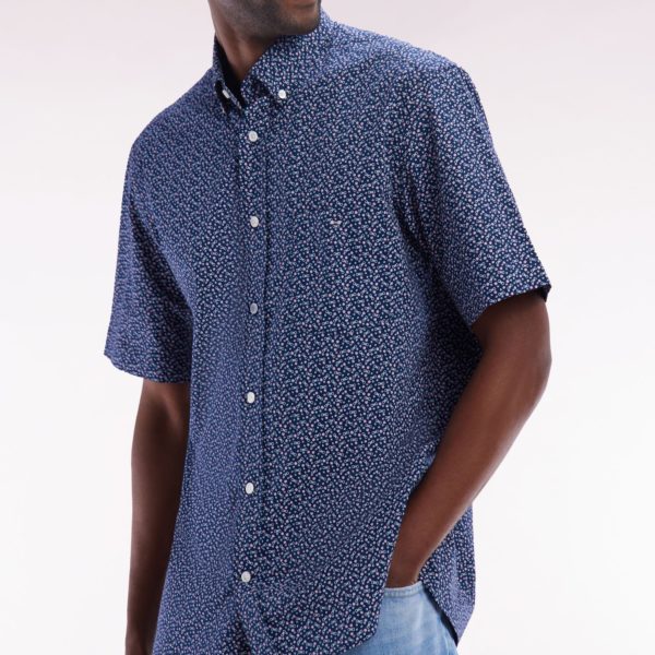 Chemise À Manches Courtes En Popeline De Coton Marine Micromotif Nœud Papillon Coupe Droite Eden Park