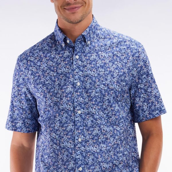 Chemise À Manches Courtes En Popeline De Coton Pima Bleue Micromotif Floral Coupe Droite Eden Park