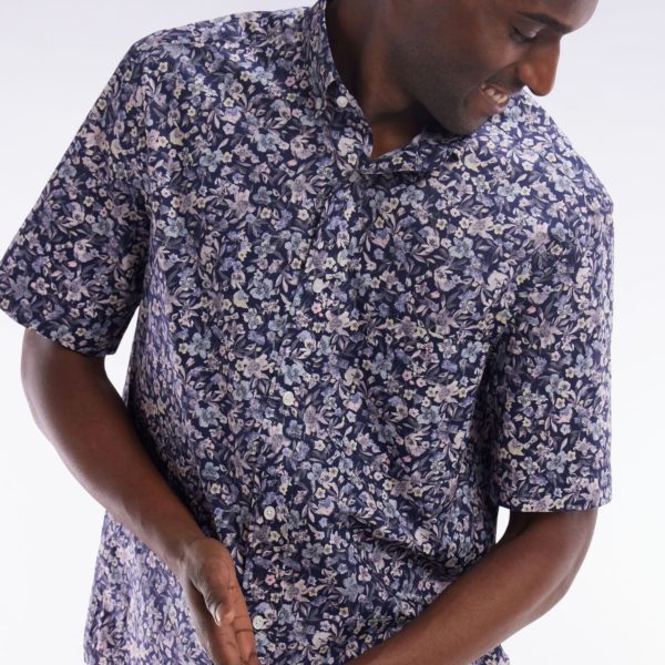 Chemise À Manches Courtes En Popeline De Coton Pima Gris Foncé Micromotif Floral Coupe Droite Eden Park