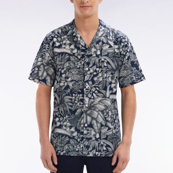 Chemise À Manches Courtes En Coton Marine Imprimé Jungle Coupe Ajustée Eden Park