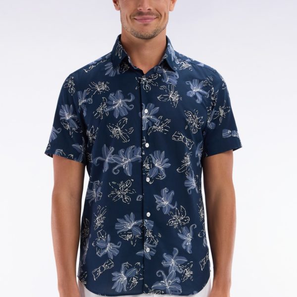 Chemise À Manches Courtes En Coton Marine Imprimé Fleurs Coupe Ajustée Eden Park