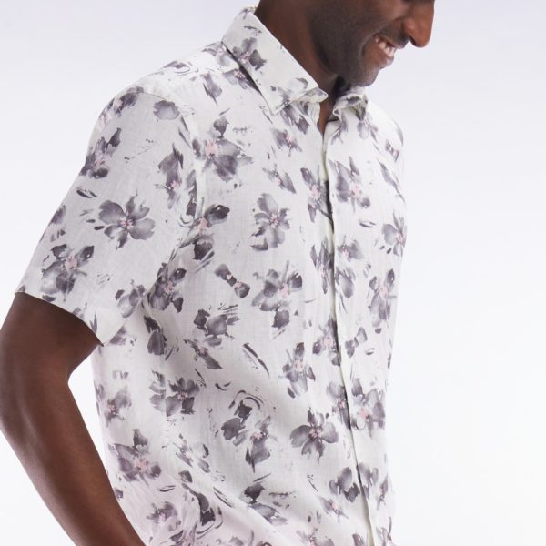 Chemise À Manches Courtes En Lin Écru À Imprimé Floral Gris Coupe Ajustée Eden Park
