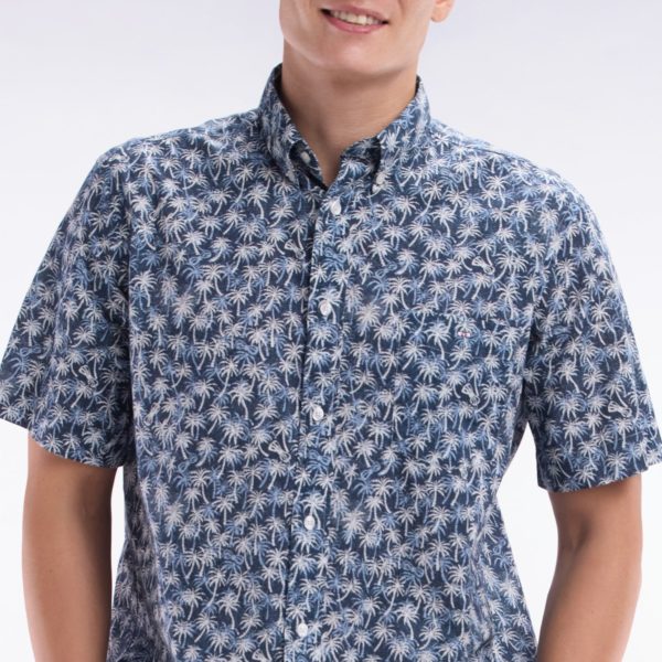 Chemise À Manches Courtes En Coton Marine À Microimprimé Palmiers Coupe Droite Eden Park