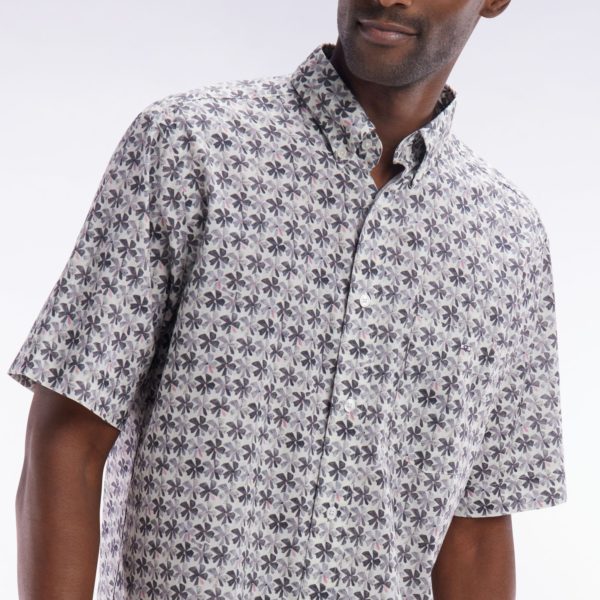Chemise À Manches Courtes En Coton Gris Imprimé Fleurs Graphique Coupe Droite Eden Park