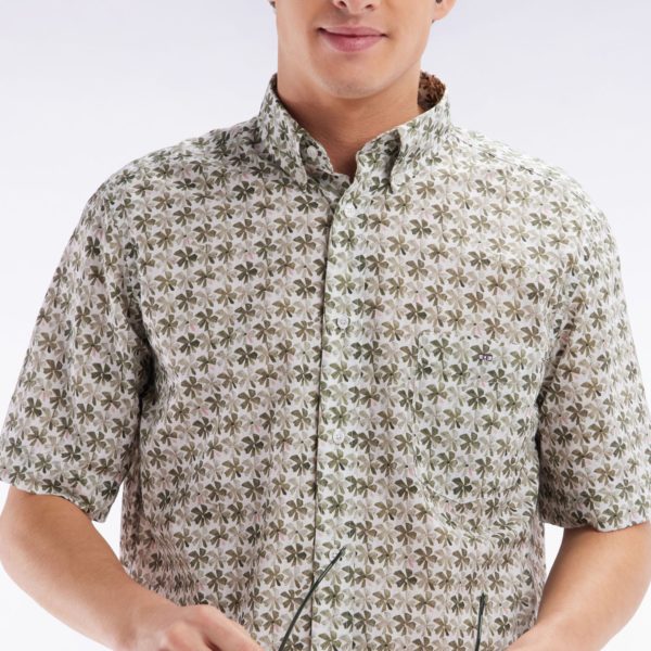 Chemise À Manches Courtes En Coton Kaki Imprimé Fleurs Graphique Coupe Droite Eden Park
