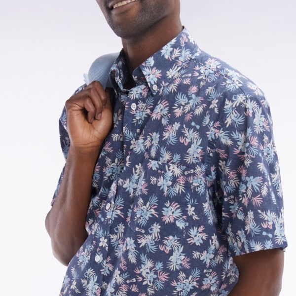 Chemise À Manches Courtes En Coton Marine Imprimé Fleurs Coupe Droite Eden Park