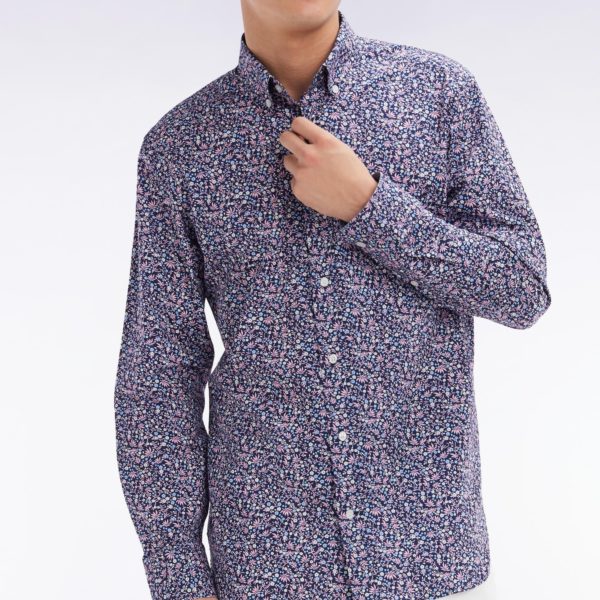 Chemise En Popeline De Coton Marine À Microimprimé Floral Coupe Droite Eden Park