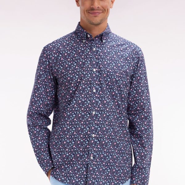 Chemise À Micromotifs En Coton Marine Coupe Droite Eden Park