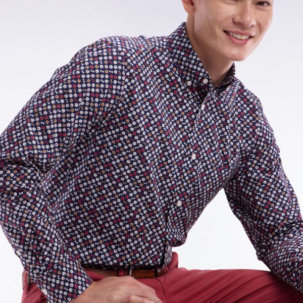 Chemise En Popeline De Coton Marine À Microimprimé Rouge Coupe Droite Eden Park