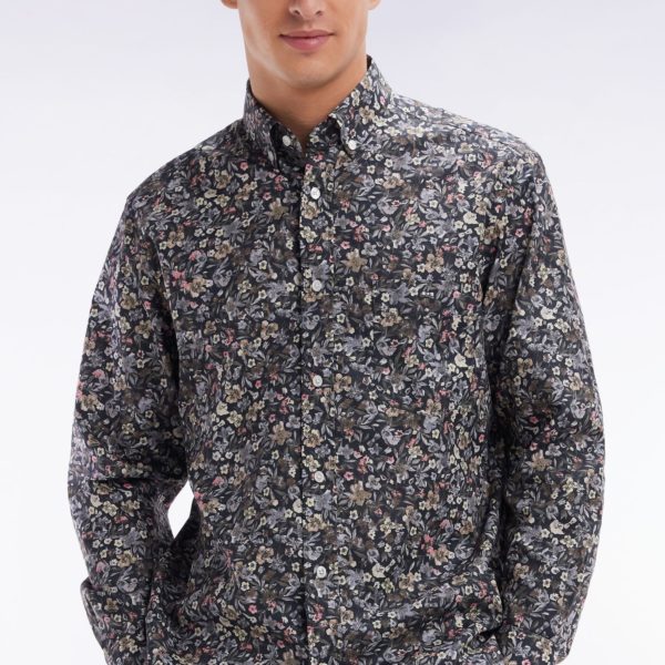 Chemise En Popeline De Coton Pima À Micro Imprimé Kaki Coupe Droite Eden Park