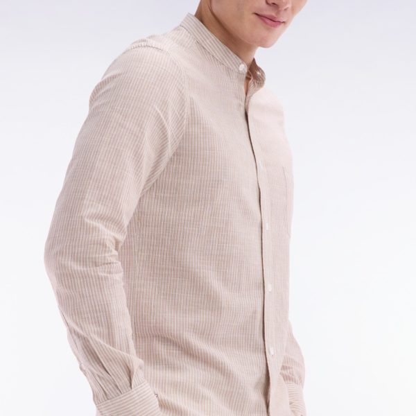 Chemise En Coton Et Lin Rayée Beige À Col Mao Coupe Ajustée Eden Park