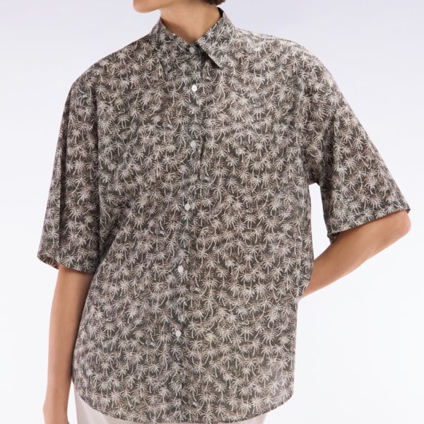 Chemise À Manches Courtes En Coton Kaki Imprimé Palmiers Coupe Oversized Eden Park