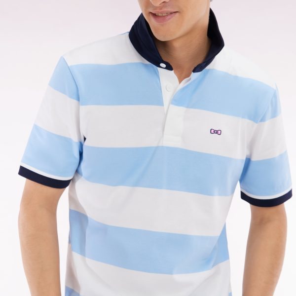 Maillot À Manches Courtes En Coton Pima Cerclé Ciel Et Blanc Coupe Droite Eden Park
