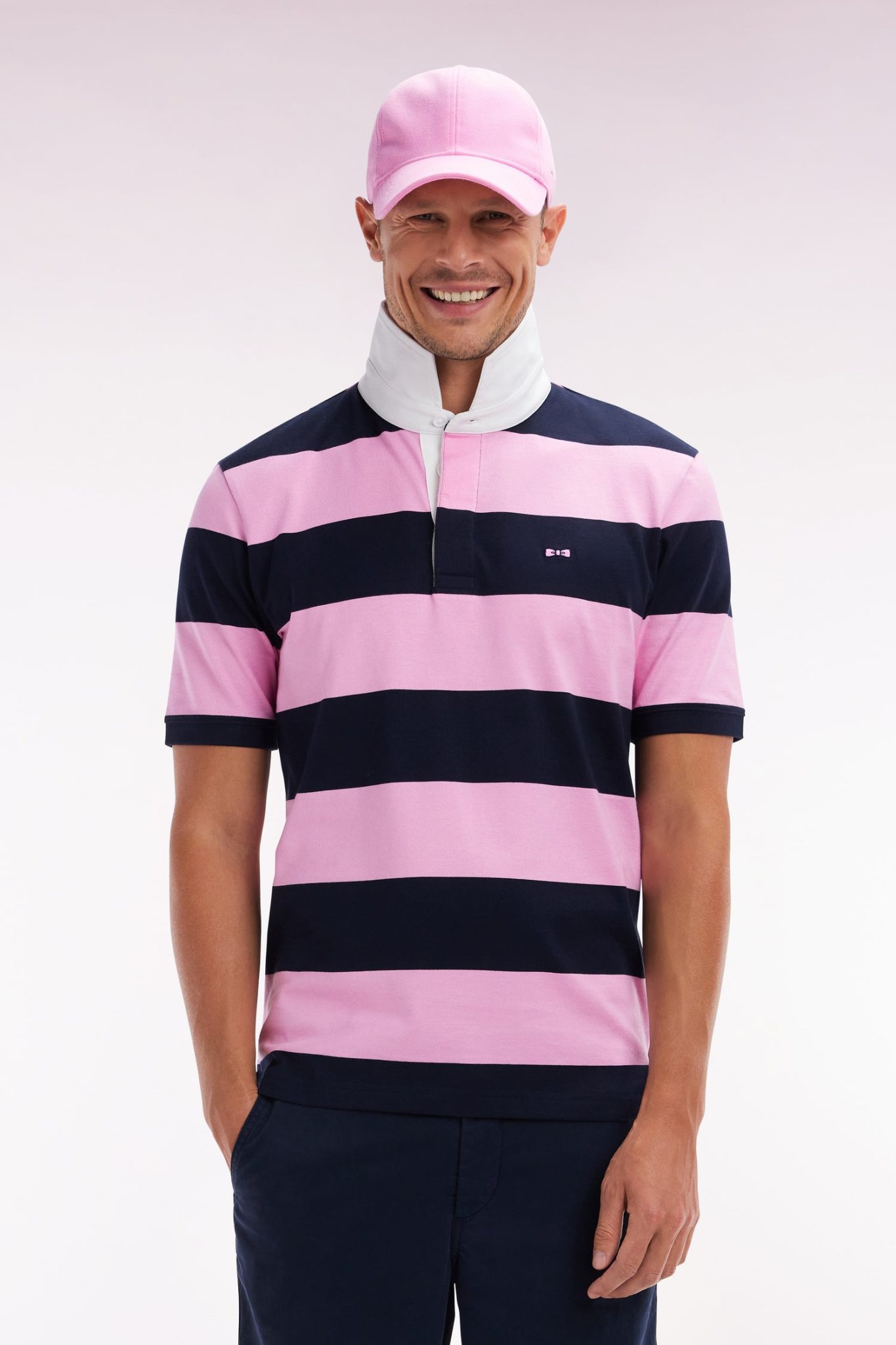 Maillot À Manches Courtes En Coton Pima Cerclé Rose Et Marine