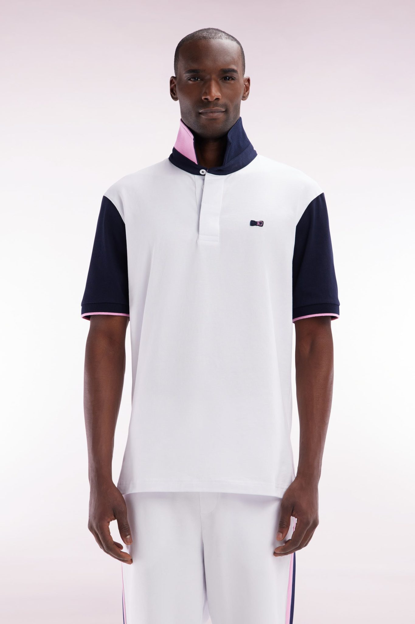 Maillot À Manches Courtes En Coton Blanc Col Bicolore Coupe