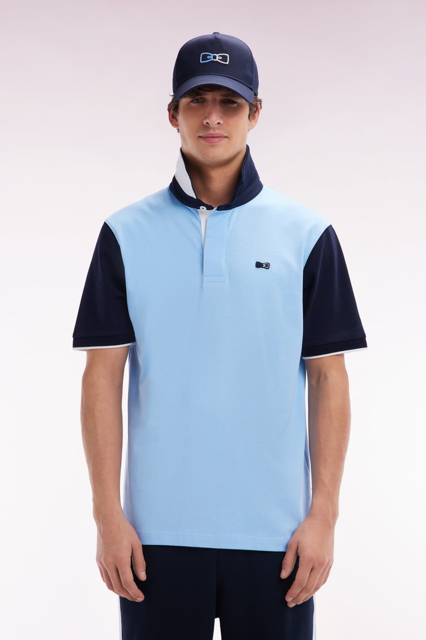 Maillot À Manches Courtes En Coton Ciel Col Bicolore Coupe