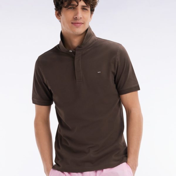 Polo À Manches Courtes En Piqué Coton Stretch Marron Coupe Ajustée Eden Park