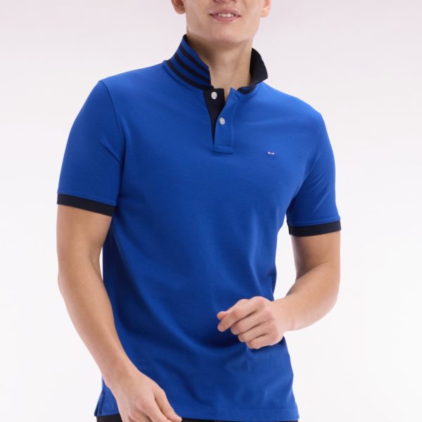 Polo À Manches Courtes En Piqué De Coton Pima Bleu Foncé Dessous De Col Cerclé Coupe Droite Eden Park