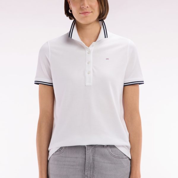 Polo À Manches Courtes En Piqué De Coton Pima Blanc Détails Rayés Coupe Droite Eden Park