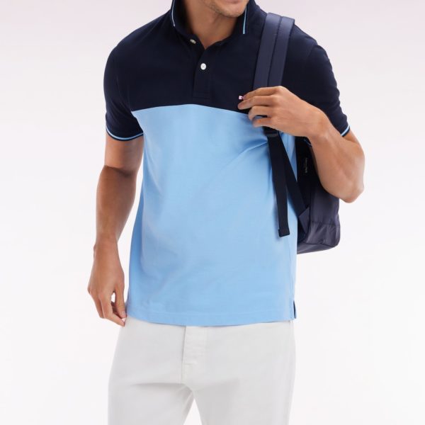 Polo À Manches Courtes En Piqué Coton Ciel Col Jacquard Coupe Droite Eden Park
