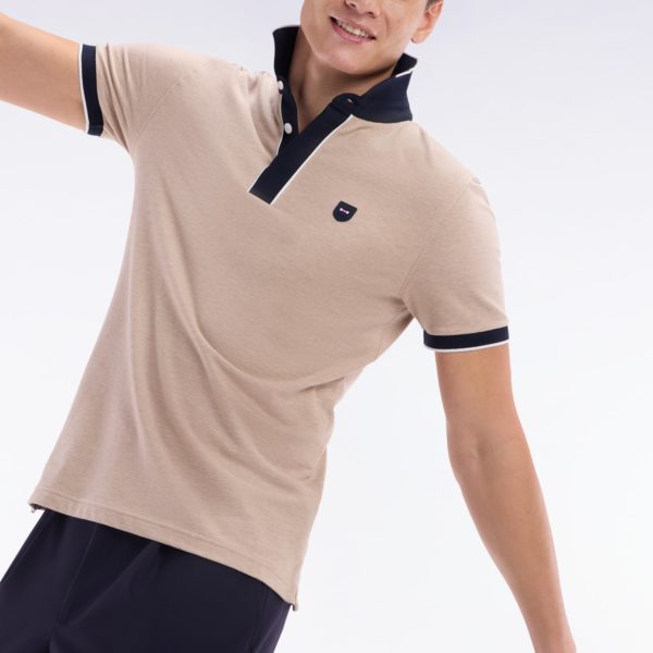 Polo Uni À Manches Courtes En Coton Stretch Beige Passepoil Contrasté Coupe Ajustée Eden Park