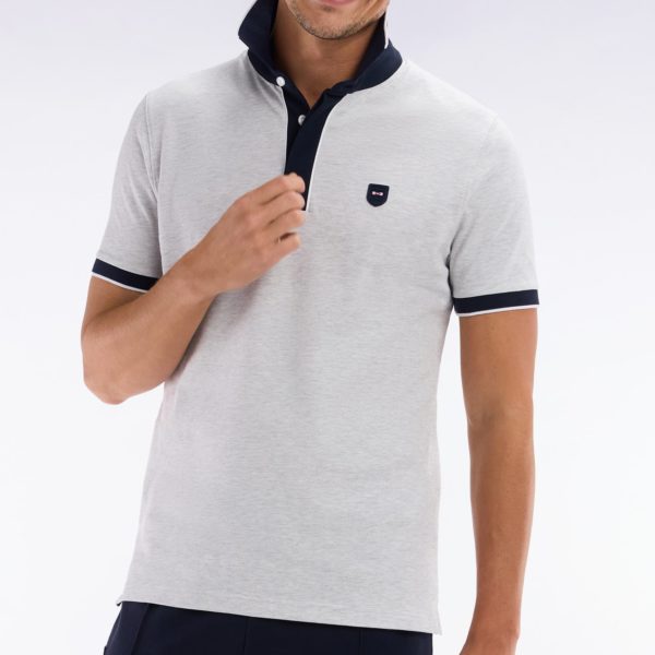Polo Uni À Manches Courtes En Coton Stretch Gris Passepoil Contrasté Coupe Ajustée Eden Park