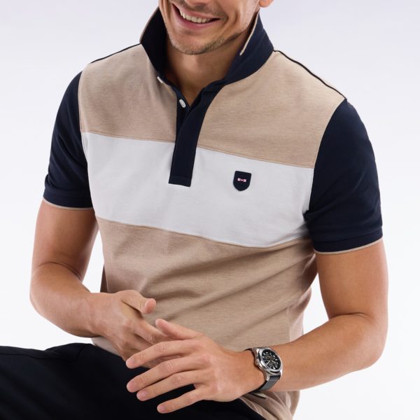 Polo À Manches Courtes En Coton Stretch Beige Bande Contrastée Coupe Ajustée Eden Park