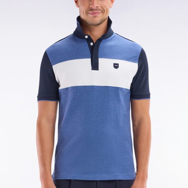 Polo À Manches Courtes En Coton Stretch Bleu Bande Contrastée Coupe Ajustée Eden Park