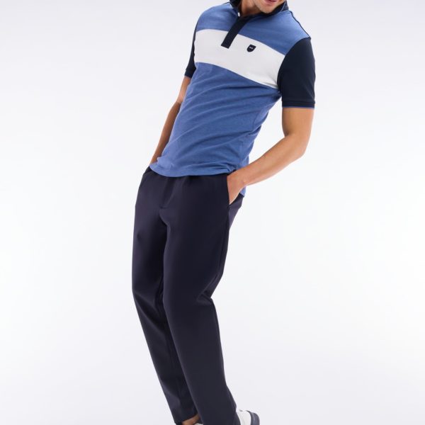 Polo À Manches Courtes En Coton Stretch Bleu Bande Contrastée Coupe Ajustée Eden Park