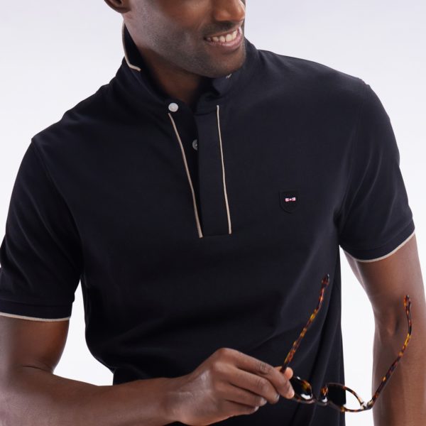 Polo À Manches Courtes En Piqué De Coton Chiné Stretch Noir Coupe Ajustée Eden Park