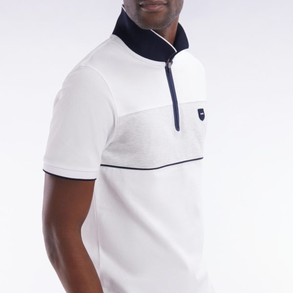 Polo À Manches Courtes En Piqué De Coton Chiné Stretch Blanc Détails Contrastés Coupe Ajustée Eden Park