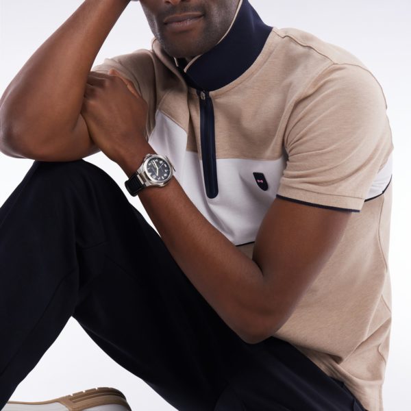 Polo À Manches Courtes En Piqué De Coton Chiné Stretch Beige Détails Contrastés Coupe Ajustée Eden Park