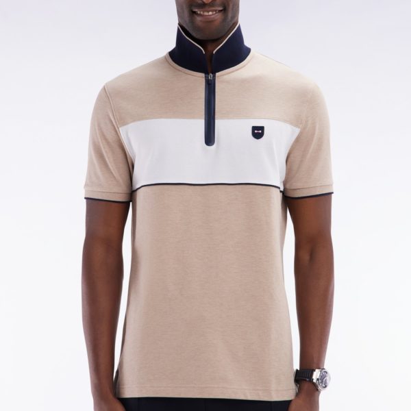 Polo À Manches Courtes En Piqué De Coton Chiné Stretch Beige Détails Contrastés Coupe Ajustée Eden Park