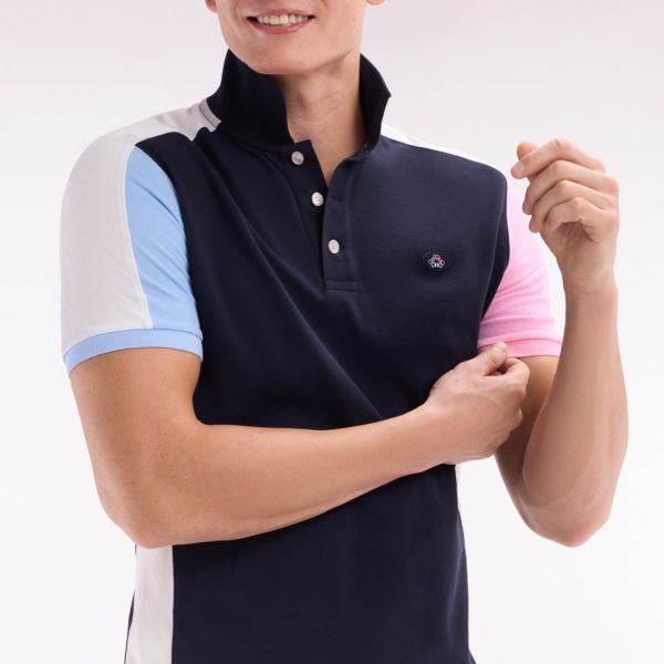 Polo À Manches Courtes Colorblock En Coton Bleu Marine Coupe Droite Eden Park