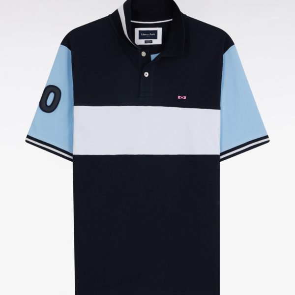 Polo À Manches Courtes En Piqué Coton Marine Bande Contrastée Coupe Décontractée Eden Park