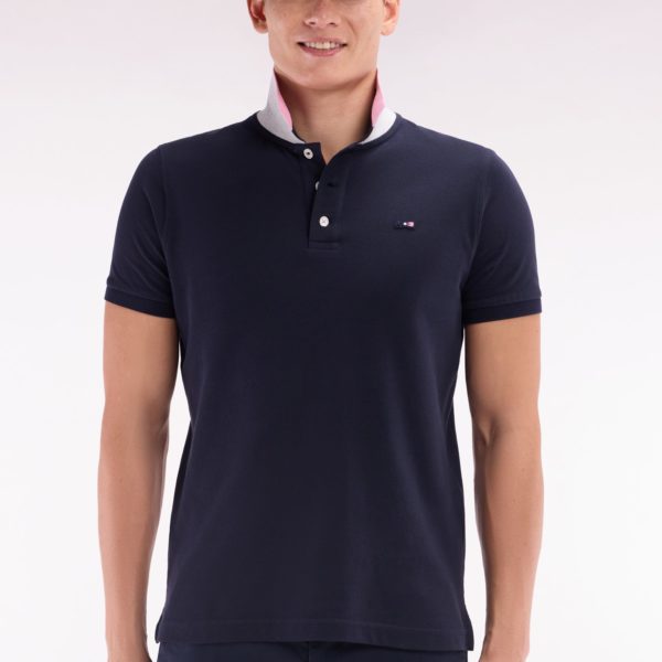 Polo À Manches Courtes En Coton Marine Col Bicolore Jacquard Eden Park Coupe Droite Eden Park