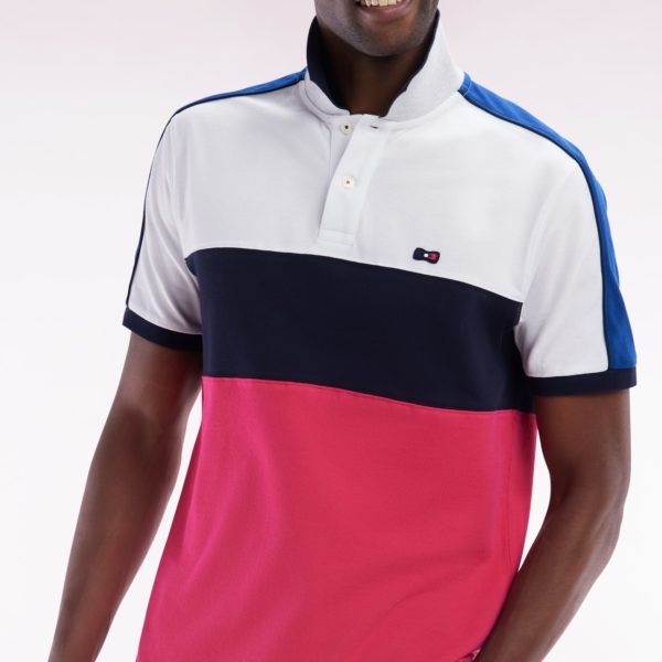Polo À Manches Courtes En Coton Tricolore Blanc Marine Et Fuchsia Coupe Droite Eden Park
