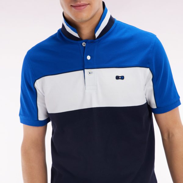 Polo À Manches Courtes En Coton Tricolore Bleu Dessous De Col Rayé Coupe Droite Eden Park
