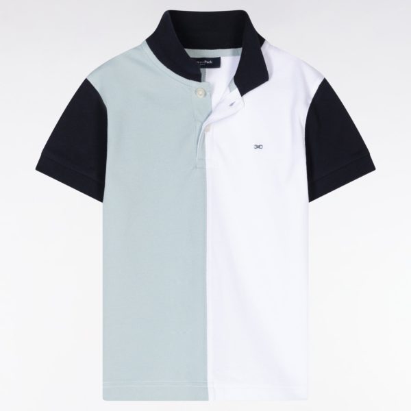 Polo À Manches Courtes En Piqué Coton Tricolore Blanc Marine Et Vert Coupe Droite Eden Park