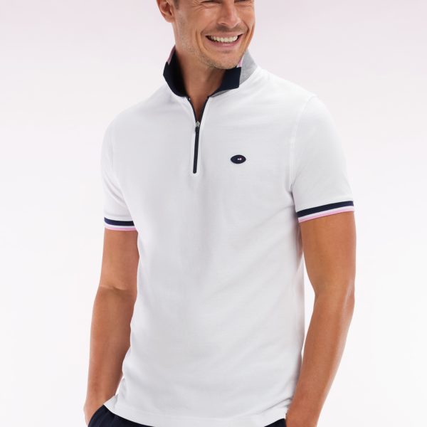 Polo À Manches Courtes En Coton Stretch Blanc Col Zippé Coupe Ajustée Eden Park