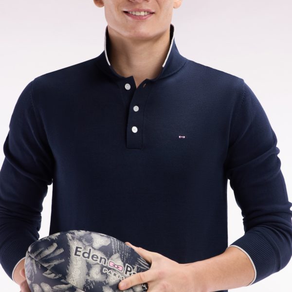 Pull Col Polo En Coton Marine Et Gris Coupe Droite Eden Park