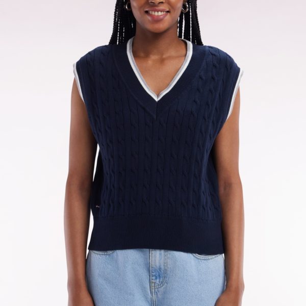 Pull Sans Manches En Coton Torsadé Bleu Marine Coupe Décontractée Eden Park