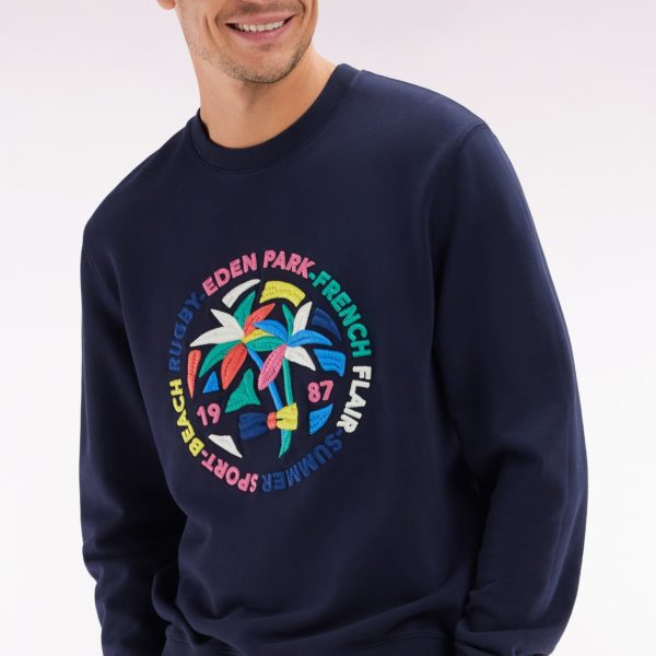 Sweatshirt En Coton Marine Broderie Palmiers Multicolore Coupe Décontractée Eden Park