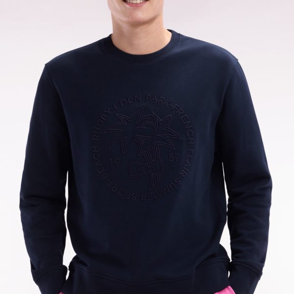 Sweatshirt En Molleton Coton Marine Broderie Palmier Ton Sur Ton Coupe Décontractée Eden Park