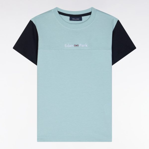 T-shirt En Coton Vert D'eau Manches Marine Coupe Droite Eden Park